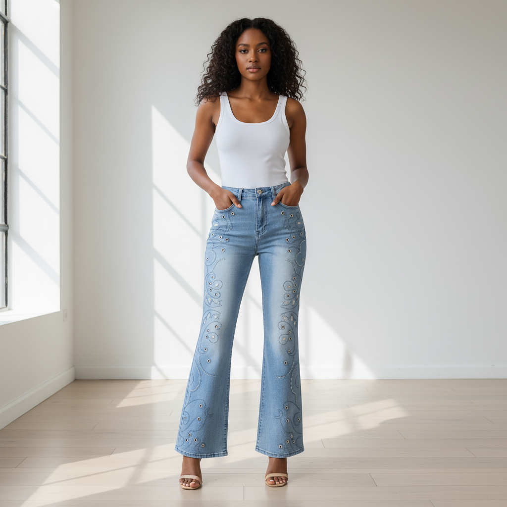 Light blue flare jeans with embroidery front view