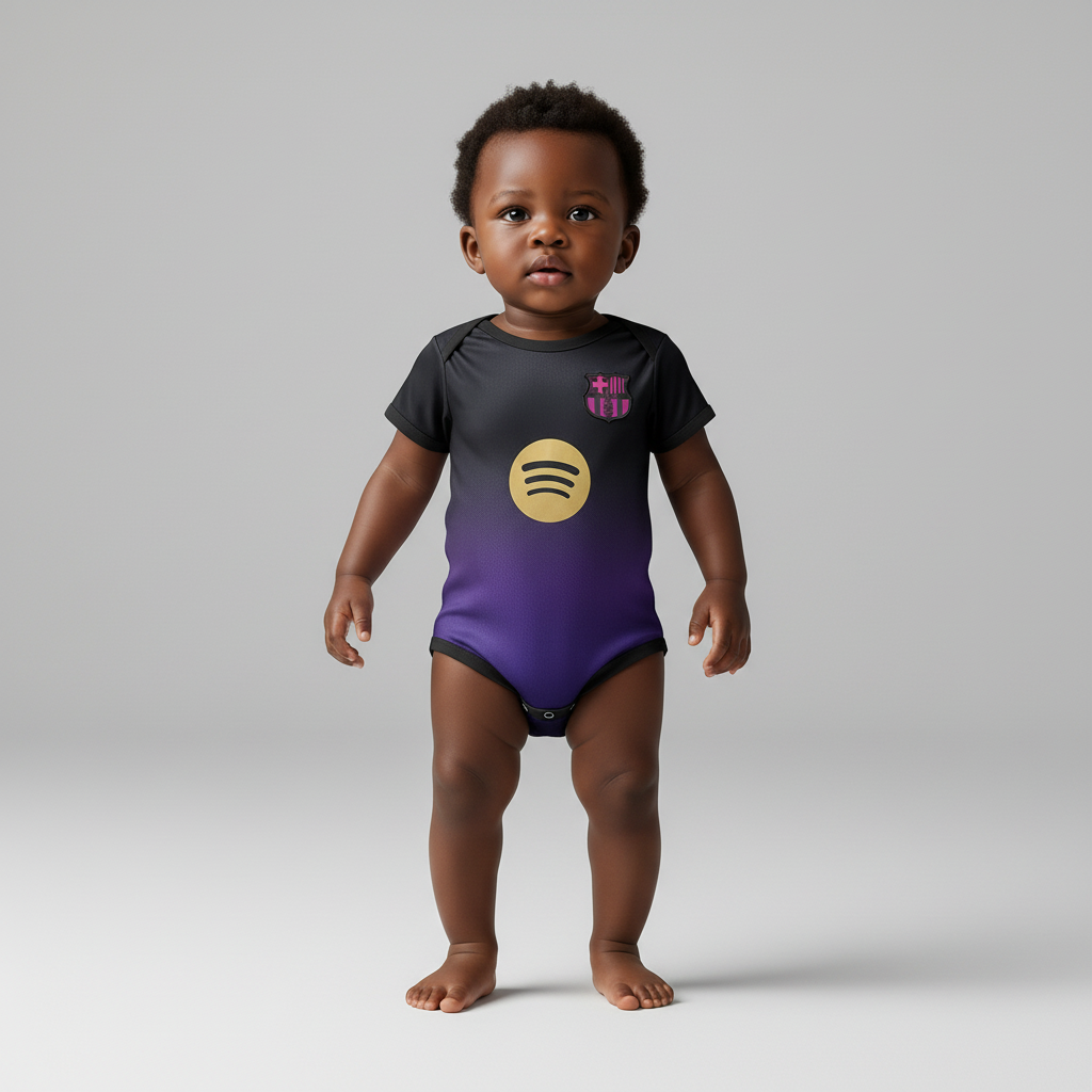 Black Nigerian baby wearing the exact black-to-purple gradient football romper design shown in the ghost image