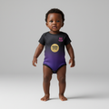 Black Nigerian baby wearing the exact black-to-purple gradient football romper design shown in the ghost image