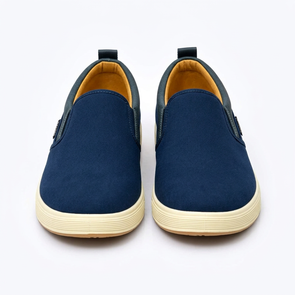 Straight-on navy dark-trim slip-on sneakers with ribbed cream soles