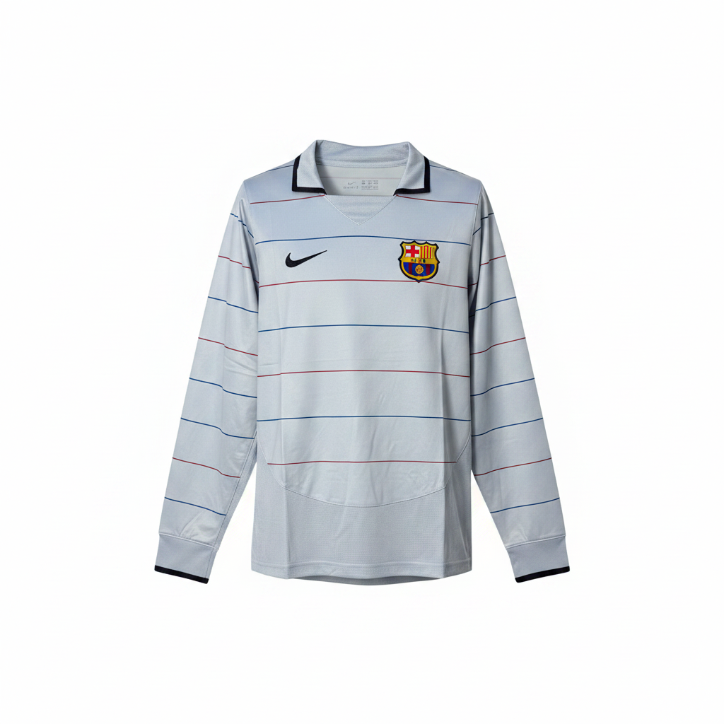 Grey and navy pinstripe long-sleeve retro football jersey — ghost mannequin front view