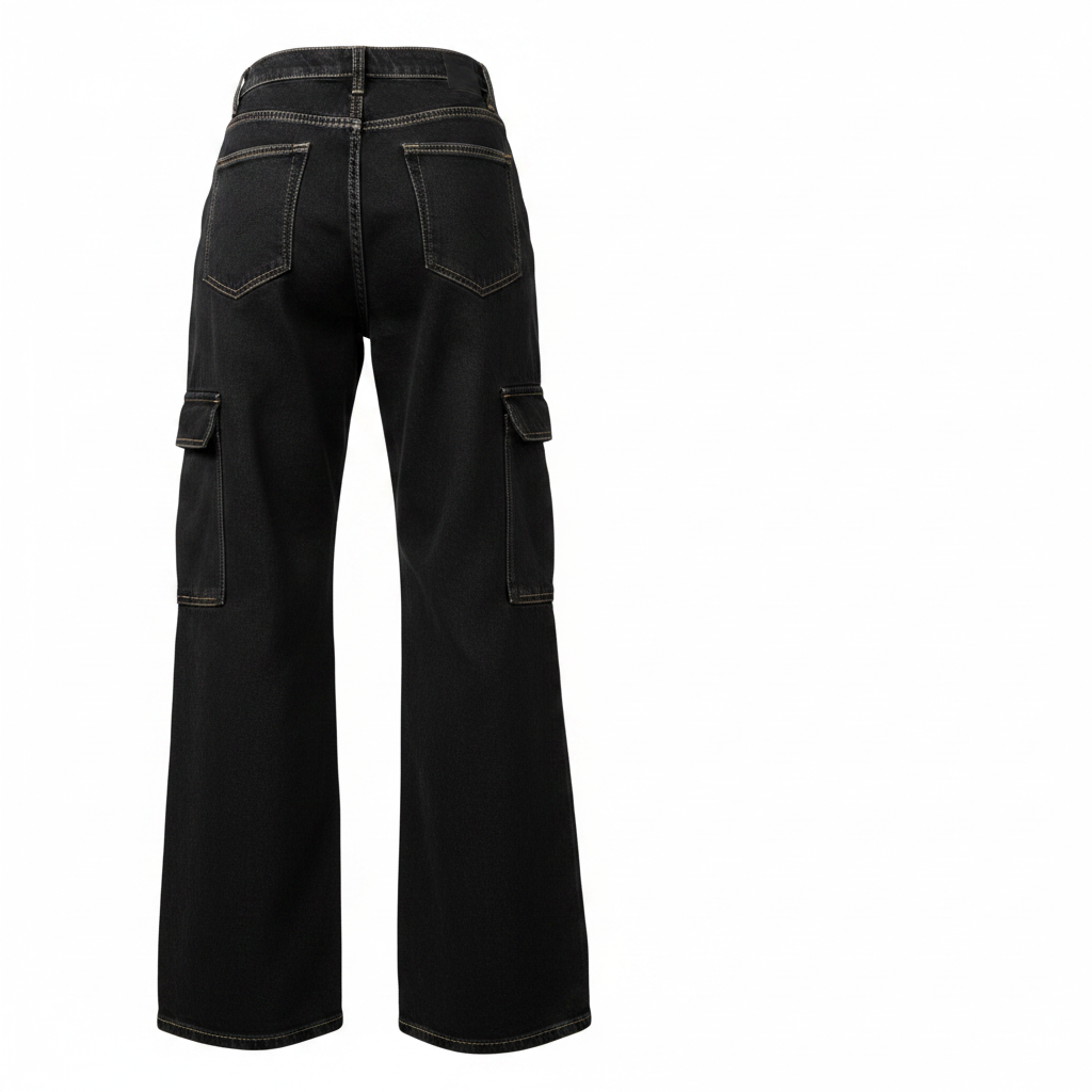 Black High-Waist Wide-Leg Cargo Denim Jeans – Back Ghost Mannequin