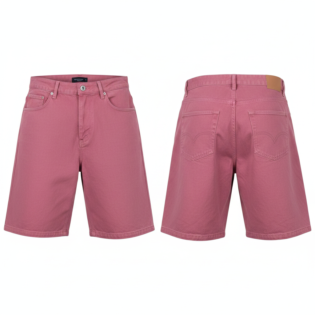 Men's dusty rose pink wide-leg denim shorts ghost mannequin front and back view