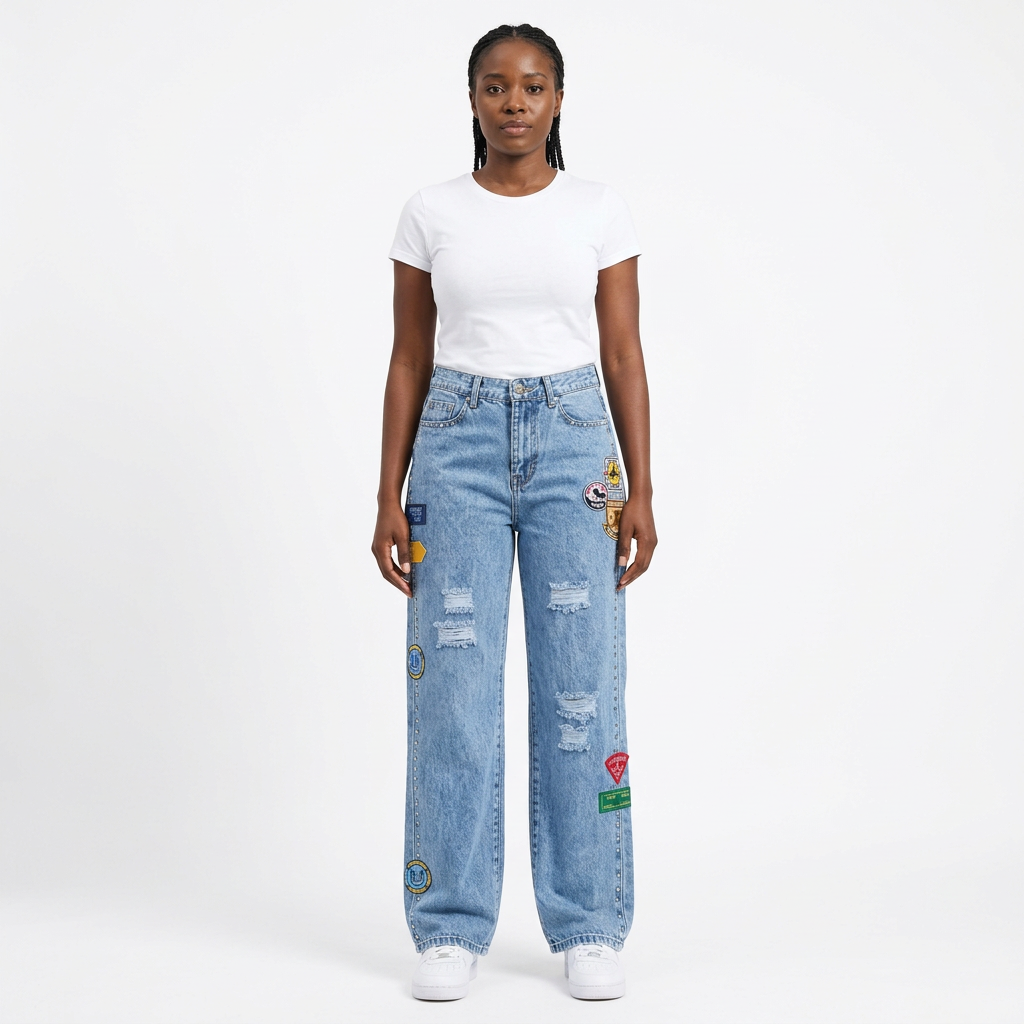 Black adult model wearing light blue patch-detail distressed baggy jeans