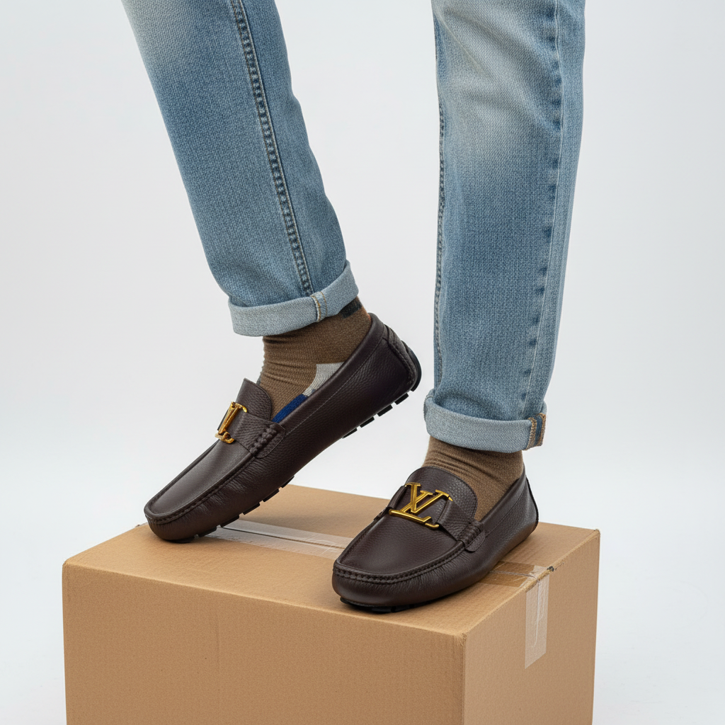 Men's Dark Brown Pebbled Leather Gold Monogram Buckle Loafers – Leg Model Shot