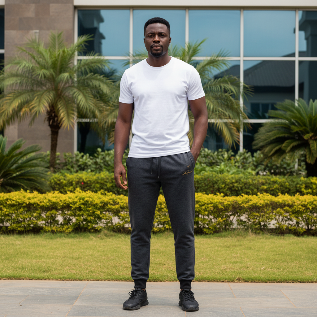Nigerian male model wearing grey sweatpants in outdoor setting