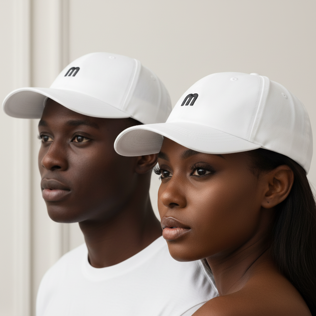 Nigerian male and female models wearing white M logo embroidered dad cap