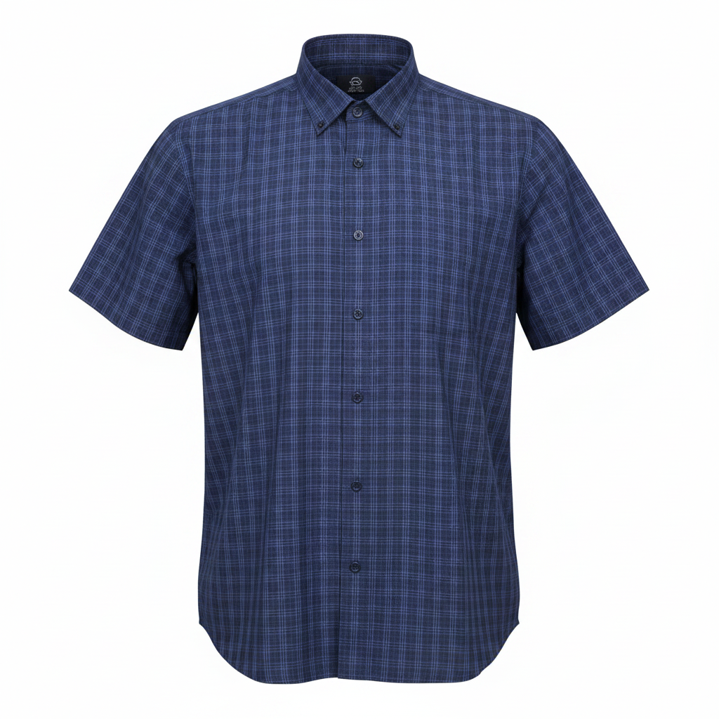 Ghost mannequin navy blue tonal plaid short-sleeved shirt