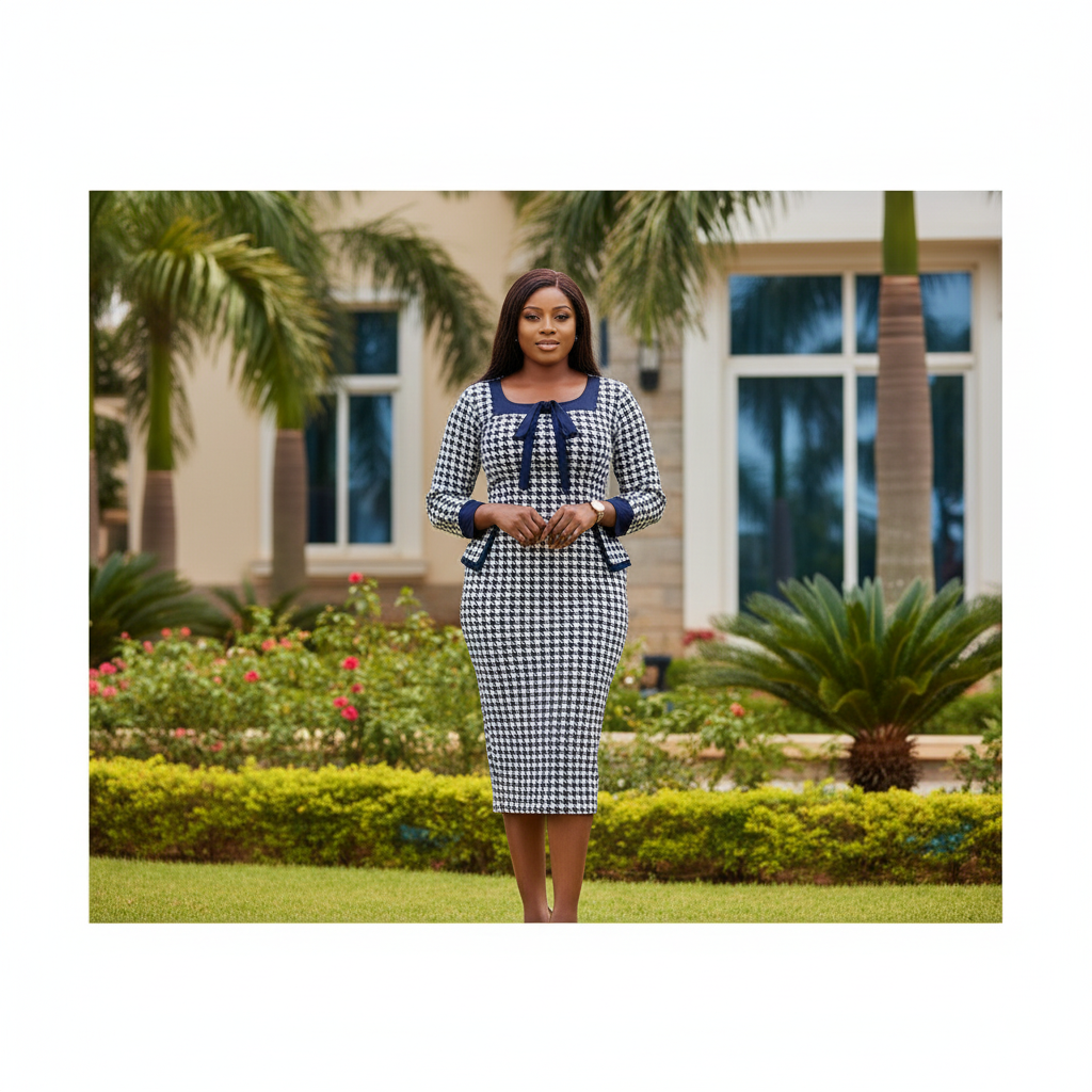 Women's Navy Houndstooth Print Bow Tie Bodycon Midi Dress – Nigerian Female Model