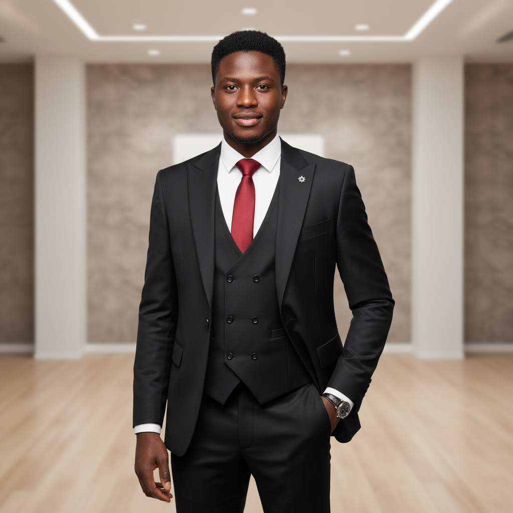 Nigerian male model wearing black jacquard 3-piece suit