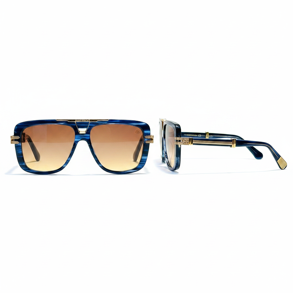 Unisex oversized square flat-top sunglasses blue marble acetate frame gradient amber brown lens gold bar bridge temple hardware – front and side view