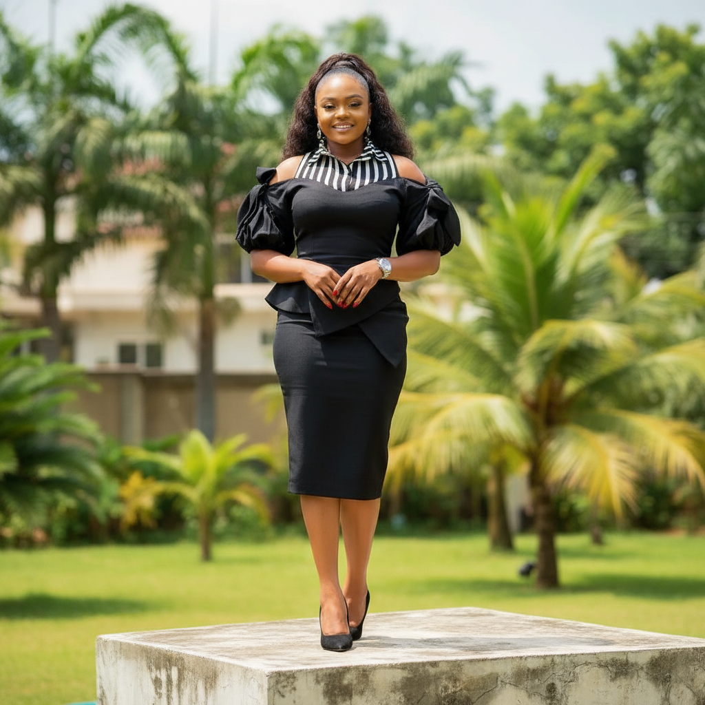 Women's Black Stripe Cold Shoulder Puff Sleeve Peplum Midi Dress – Nigerian Female Model Shot
