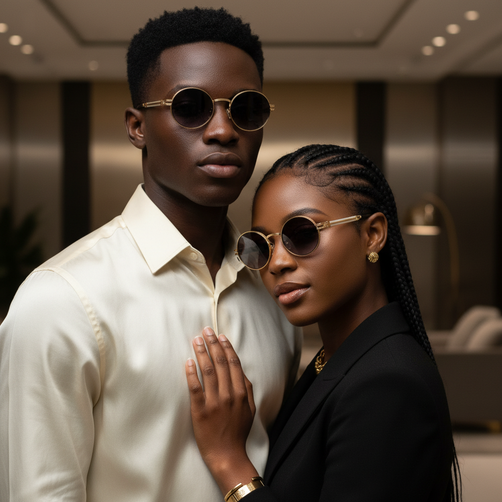 Ornate Round Sunglasses Gold Smoke – Unisex Model Shot Together