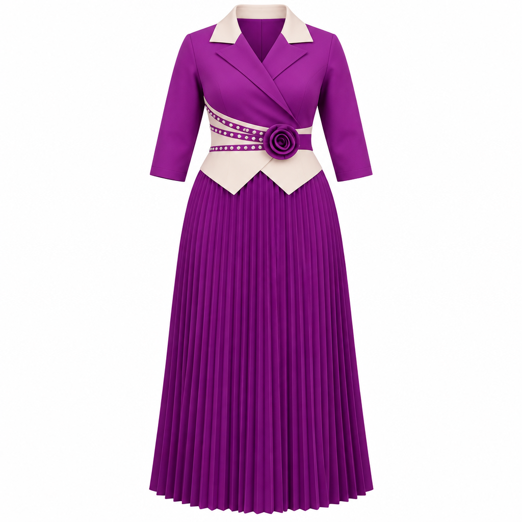 Purple contrast-collar pleated occasion dress on white background