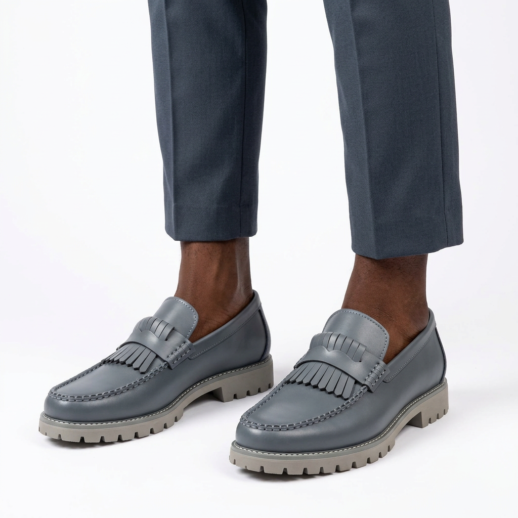 Male model wearing slate grey fringe lug-sole loafers, both shoes visible on white