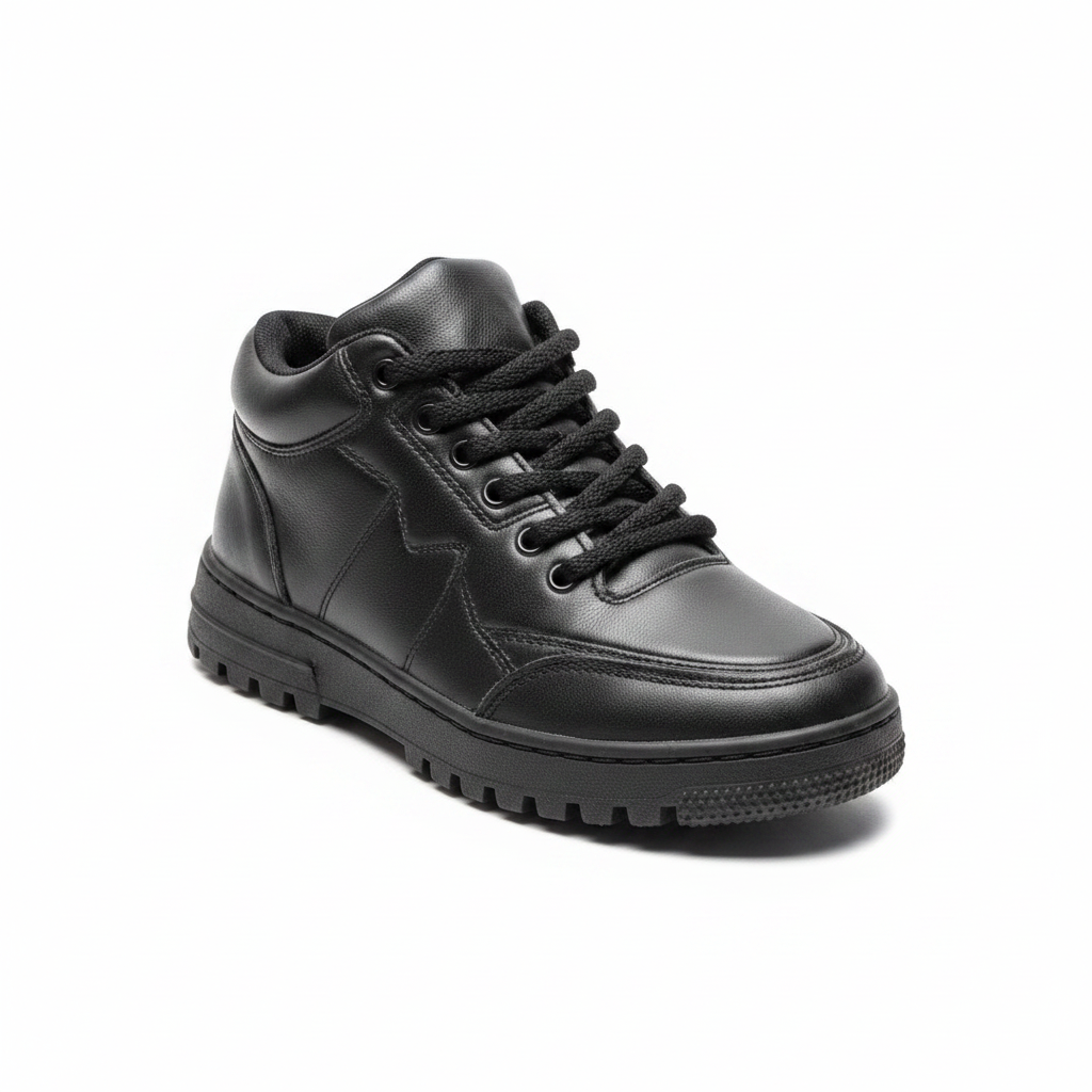 All-black kids lace-up leather sneaker boot, ghost mannequin, white background