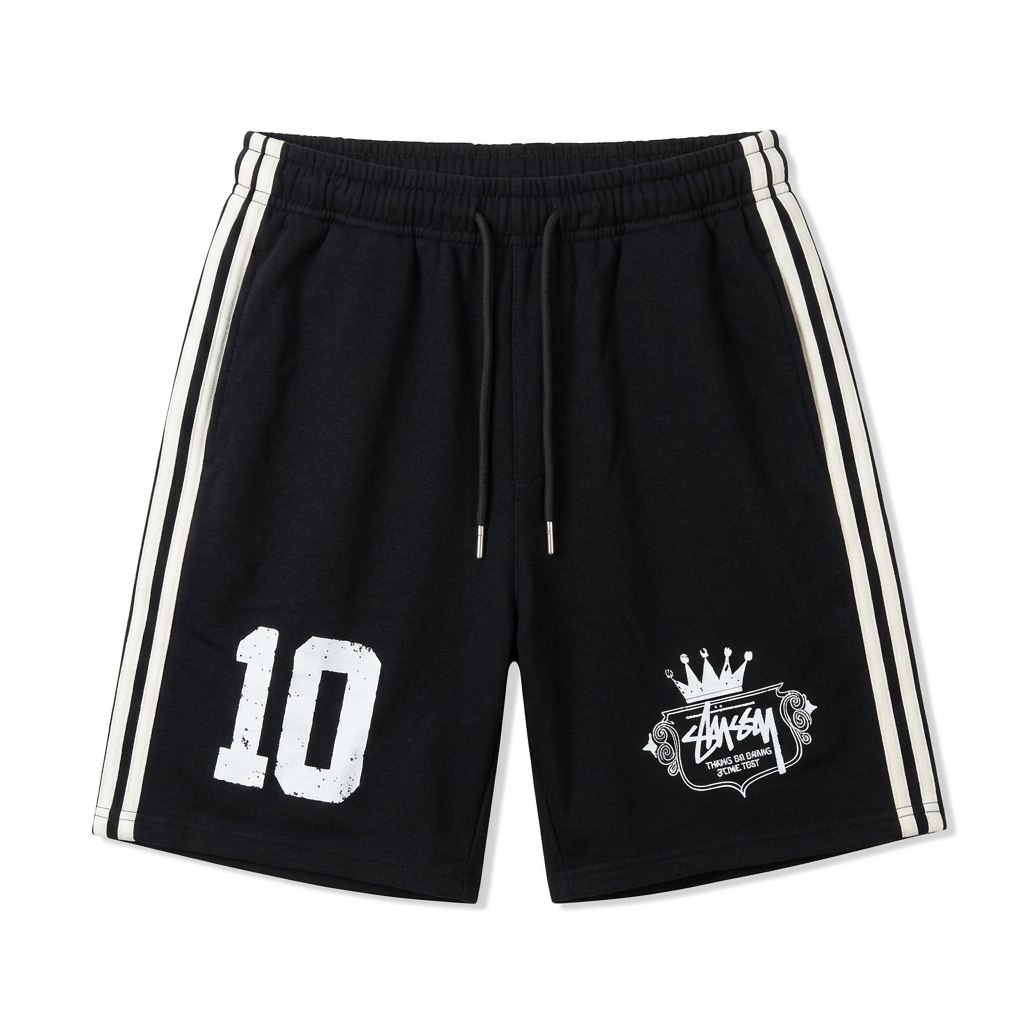 Black graphic shorts with twin white side stripes and black drawstrings