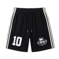 Black graphic shorts with twin white side stripes and black drawstrings