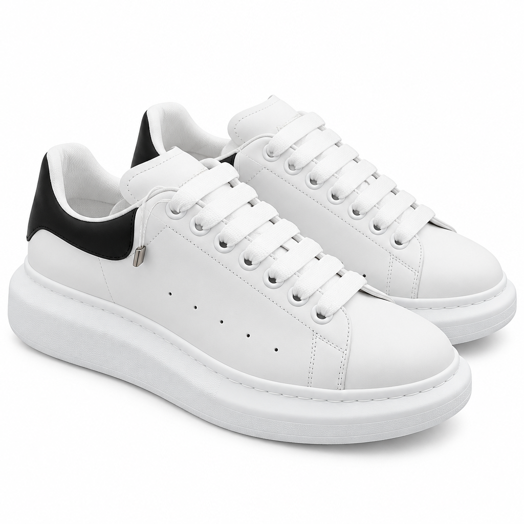 Pair of white chunky low-top sneakers with black heel panels on white background