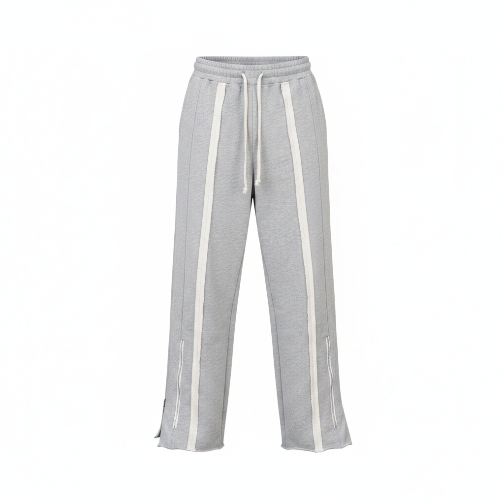 Unisex grey wide-leg jogger trousers with white stripe panels ghost mannequin view