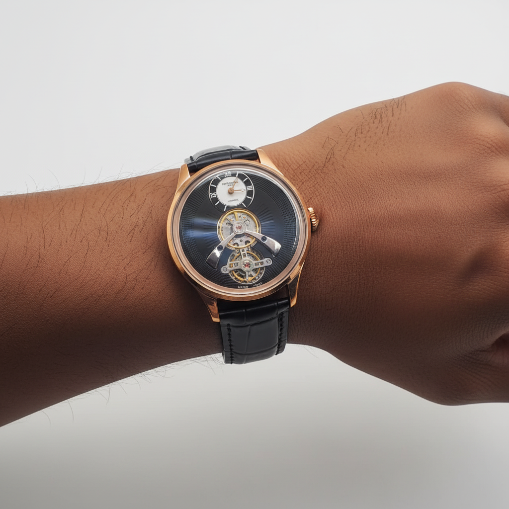 Men's Black Dial Rose Gold Tourbillon Automatic Watch – Nigerian Male Model Wrist Shot
