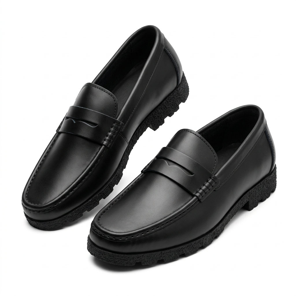 Pair of smooth black apron-toe penny loafers on white background