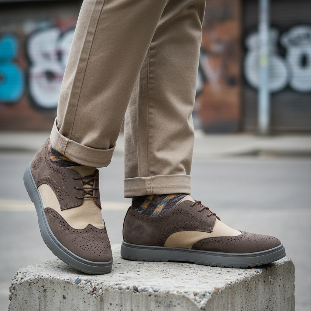 Model wearing brown and sand two-tone perforated suede wingtip brogue shoes leg shot