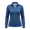 Blue patterned long-sleeve collared top on an invisible mannequin
