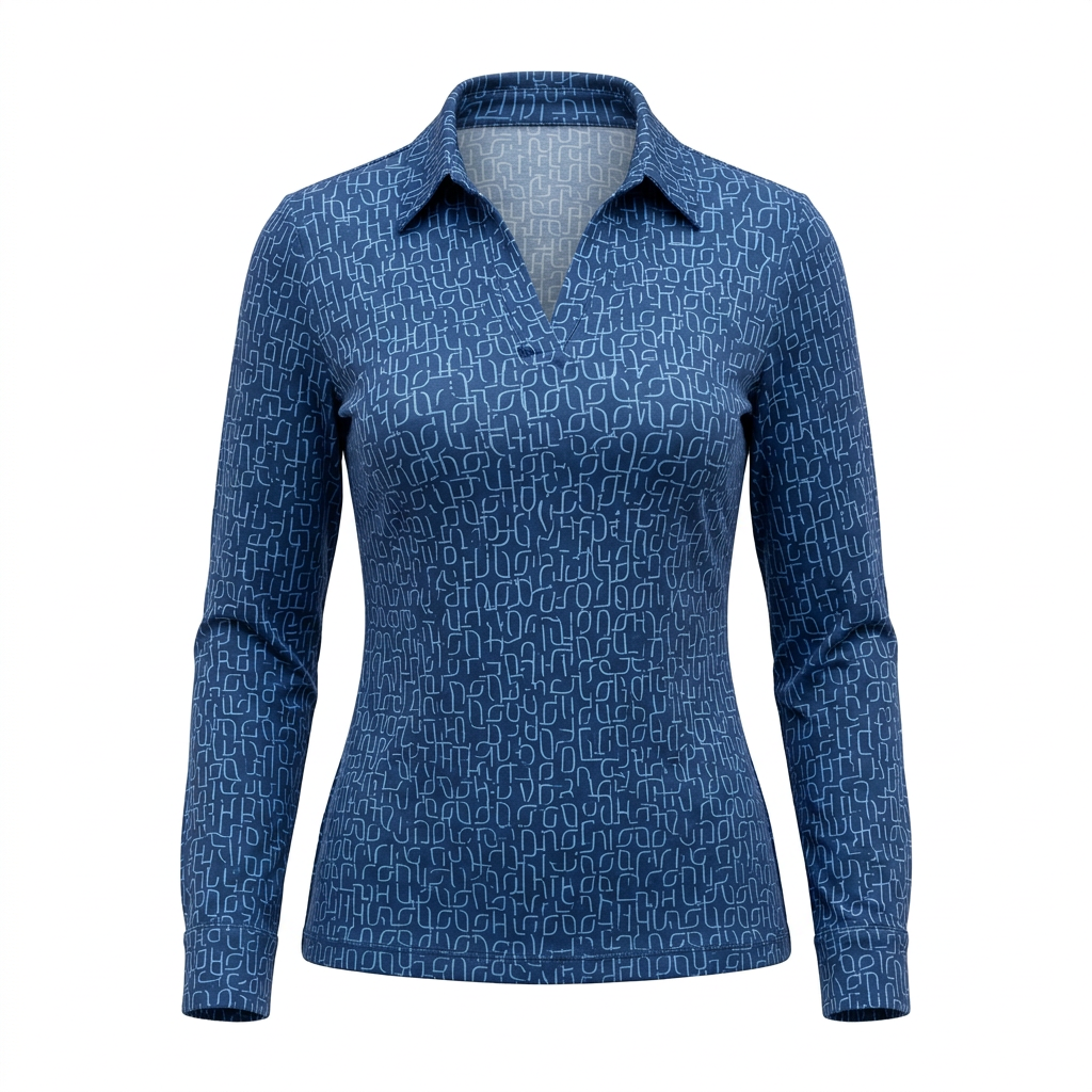 Blue patterned long-sleeve collared top on an invisible mannequin