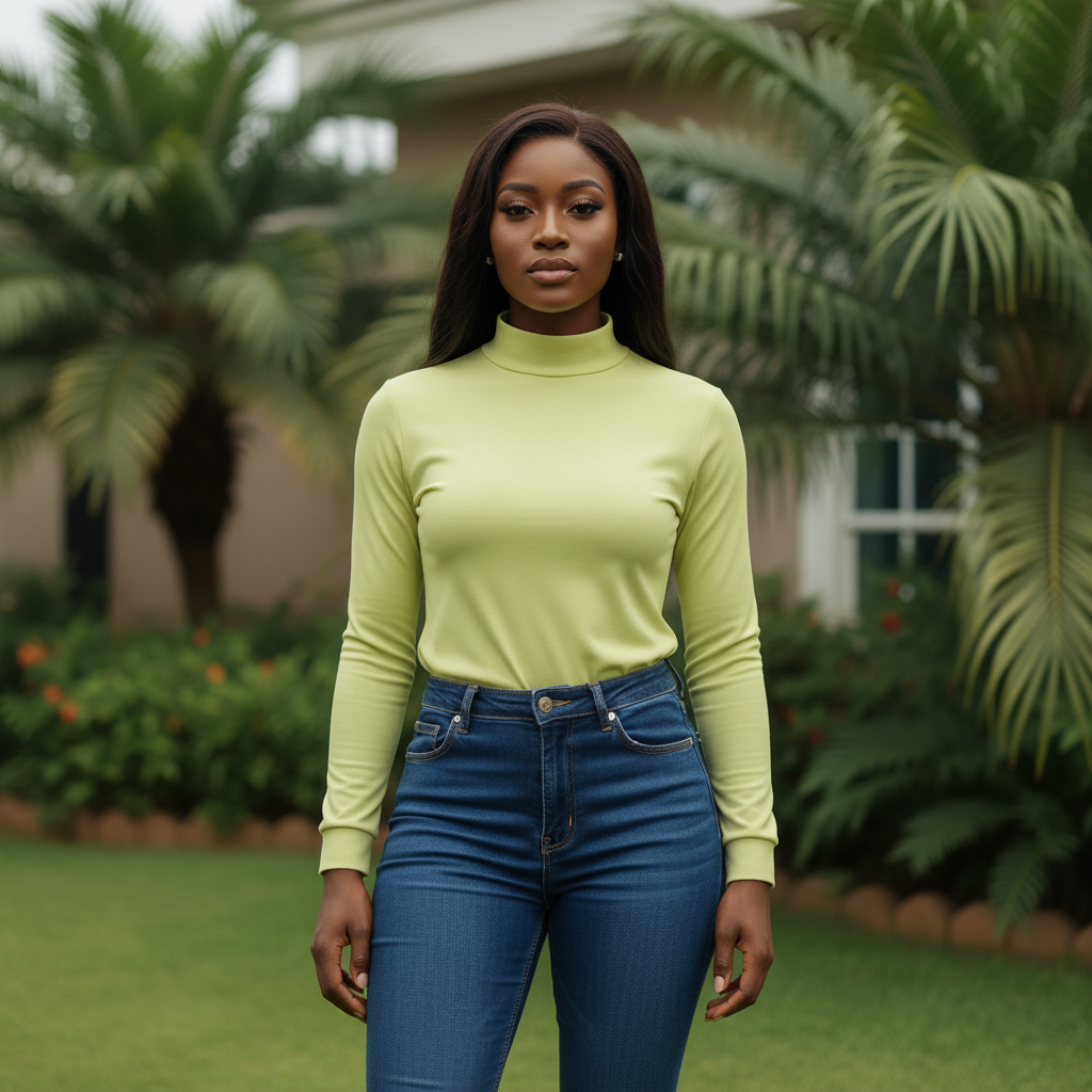 Lime yellow mock turtleneck long sleeve top - front model view