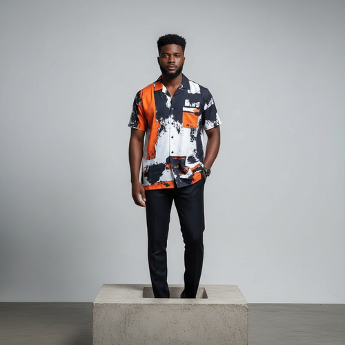 Abstract Brushstroke Camp Collar Short-Sleeved Shirt - Model Front