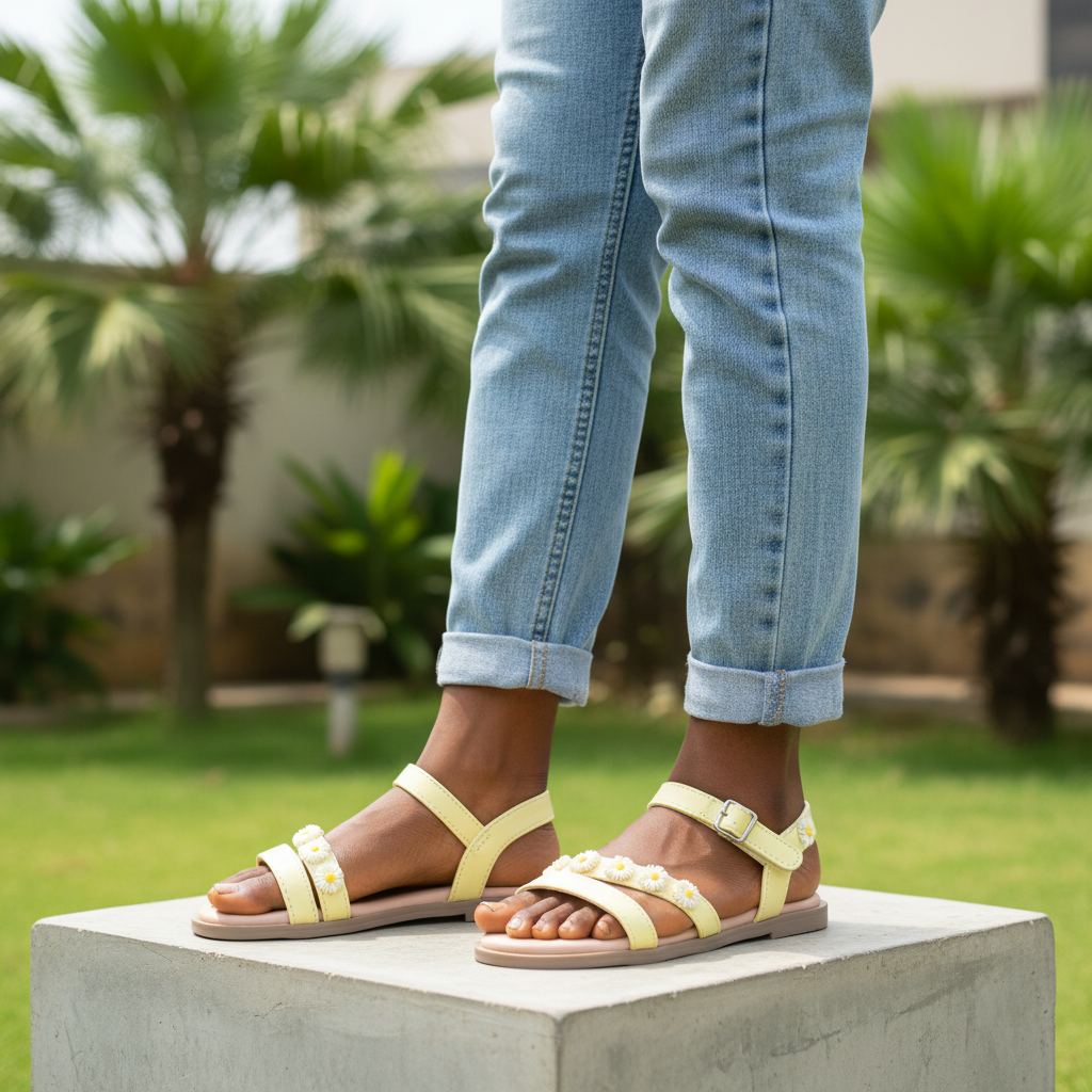 Nigerian female model wearing yellow daisy flower sandals