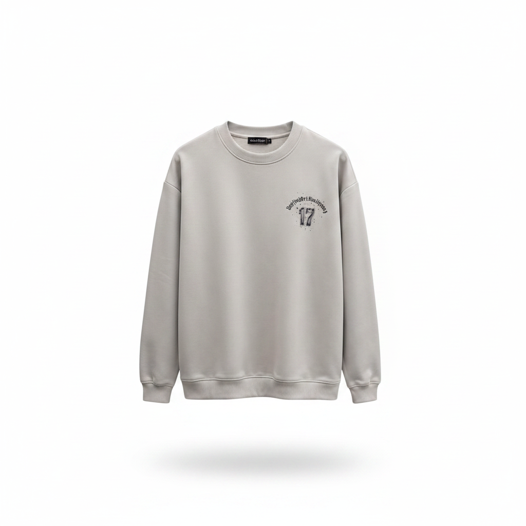Unisex light grey sweatshirt with small gothic arch and number 17 chest graphic – ghost mannequin front view