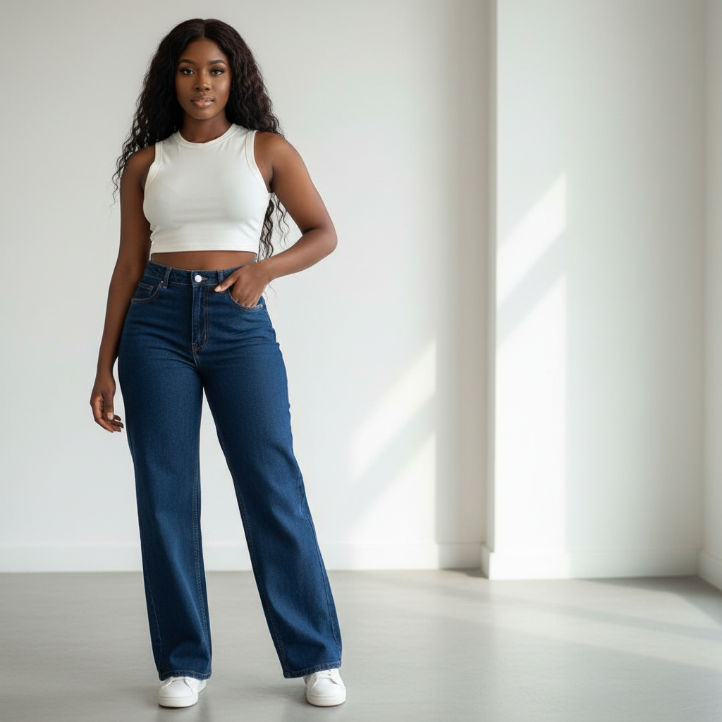 Dark Navy High-Waist Wide-Leg Denim Jeans - Model Shot