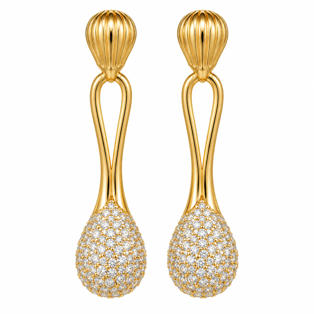 Gold Ribbed Dome Crystal Teardrop Drop Earrings – Catalog Shot