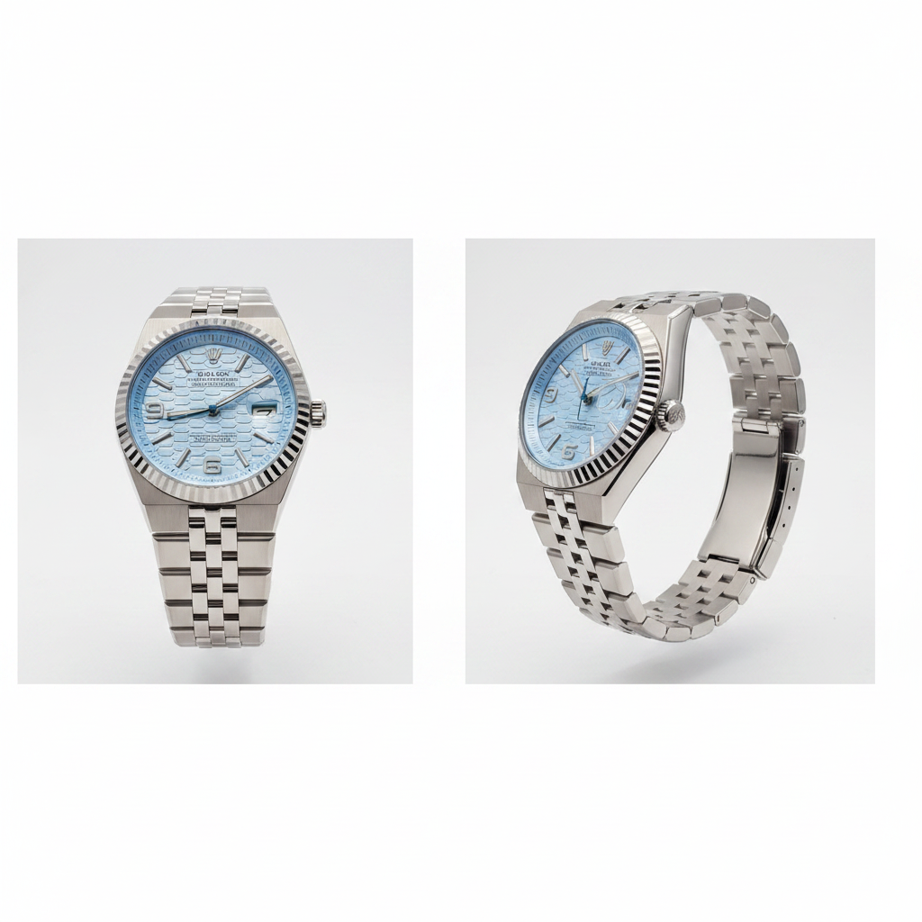 Ice blue honeycomb dial silver steel couple watch — ghost mannequin front and side view