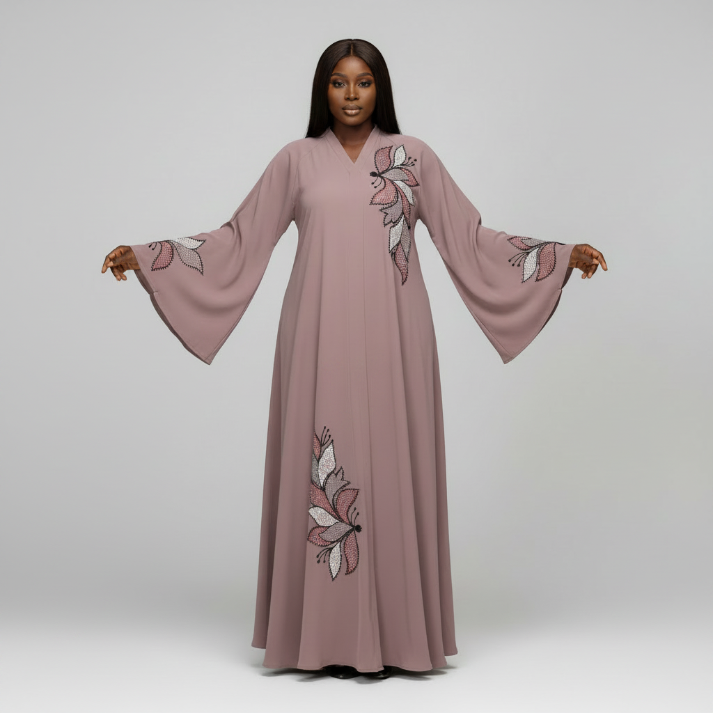 Women's Mauve Floral Embroidered Bell Sleeve Abaya – Model Shot