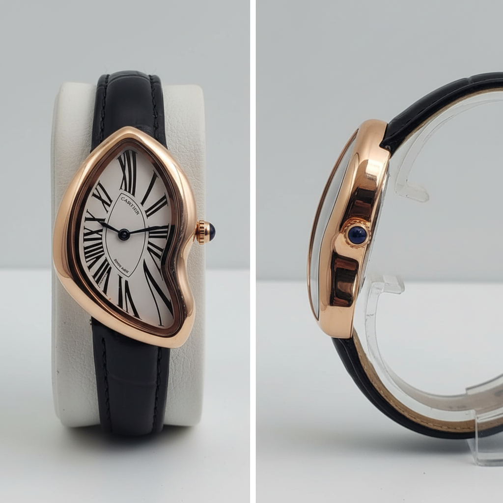 Asymmetric rose gold watch with black Roman numerals and black strap front and side view