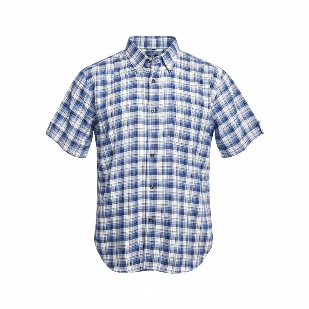 Blue White Madras Plaid Short-Sleeved Shirt - Ghost Mannequin