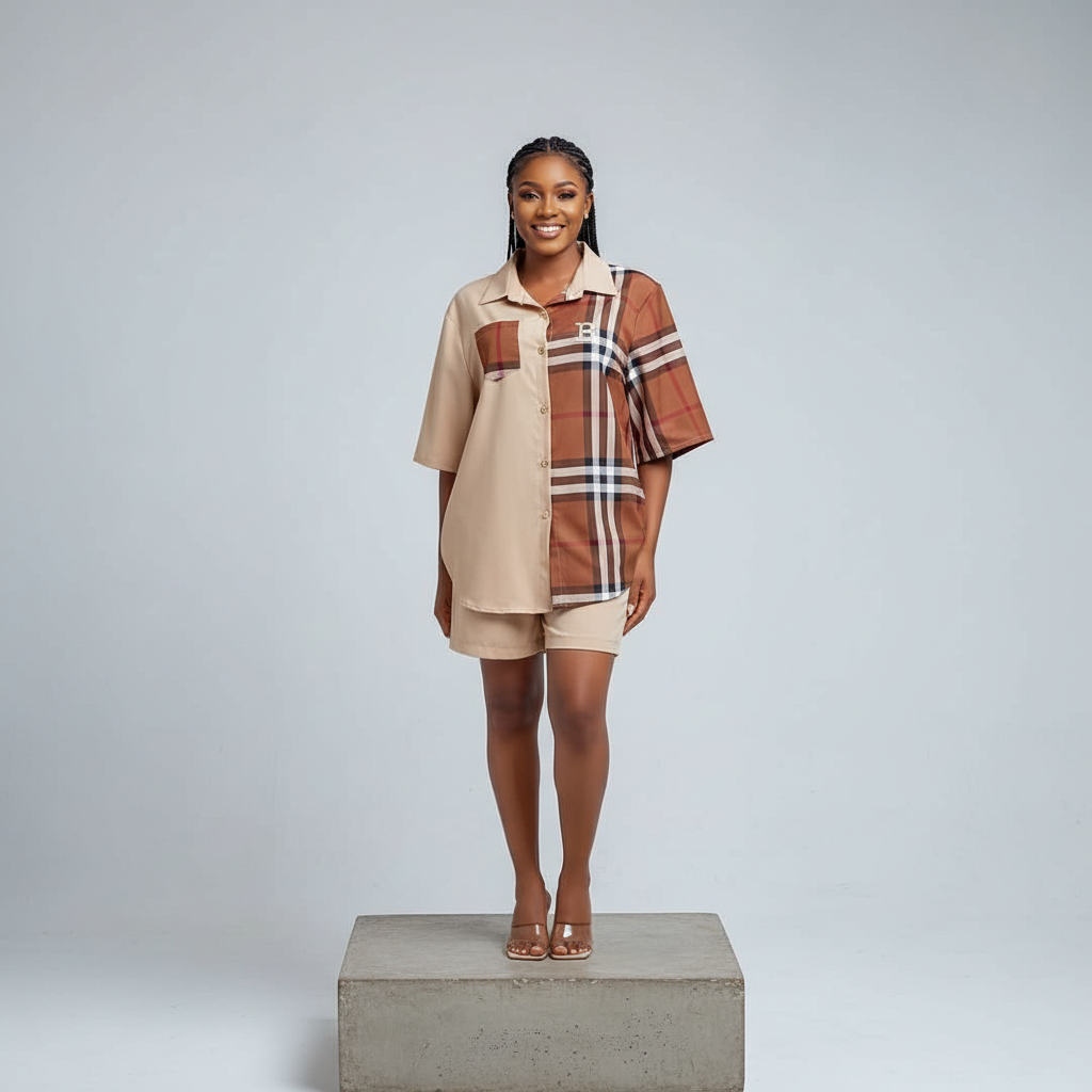 Beige Colorblock Plaid Shirt & Shorts Set - Model Front View
