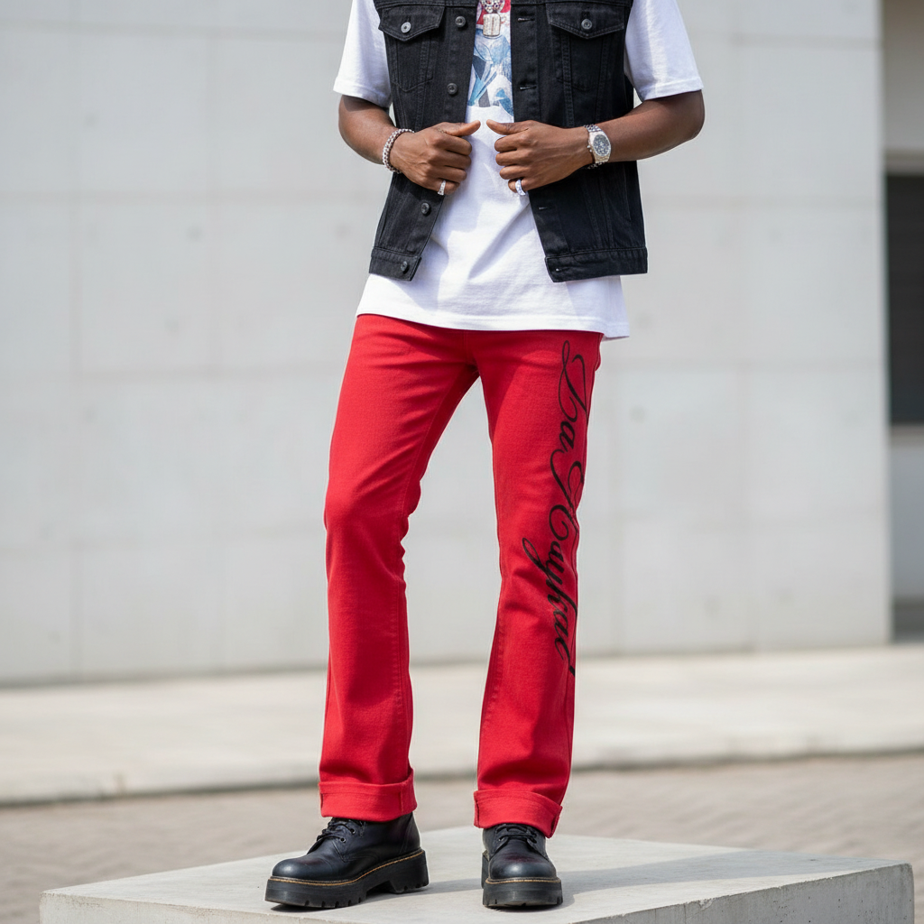 Nigerian male model wearing men's red flared graphic script denim jeans, leg and foot focus