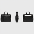 Front, side, and open interior views of black leather laptop bag with laptop