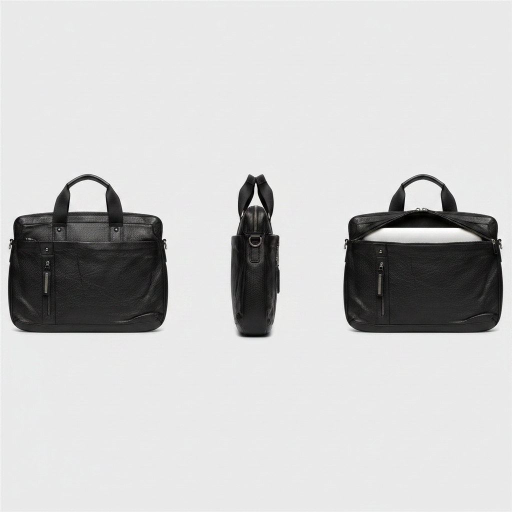 Front, side, and open interior views of black leather laptop bag with laptop