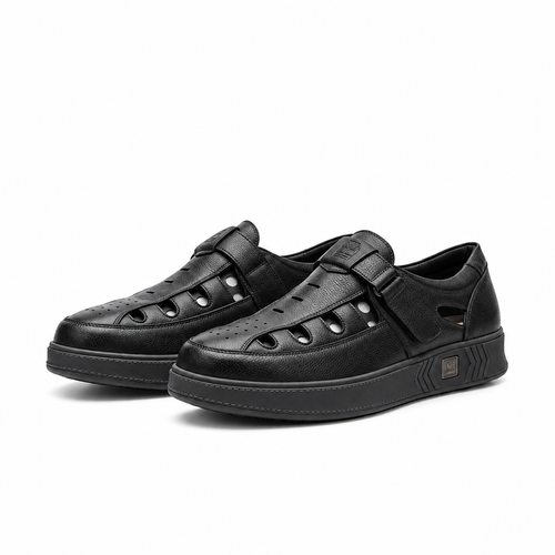 Men's black pebbled leather ventilated velcro-strap slip-on shoes pair product shot