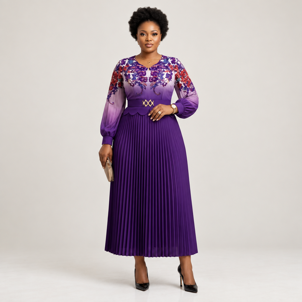 Black Nigerian model wearing a purple pleated gown with floral bodice detail and puff sleeves