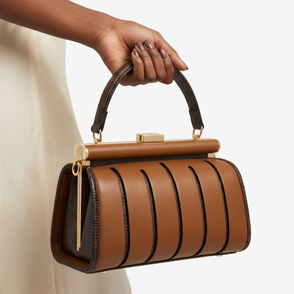 Cognac sculpted-panel handbag held by a woman with painted nails on a white studio background