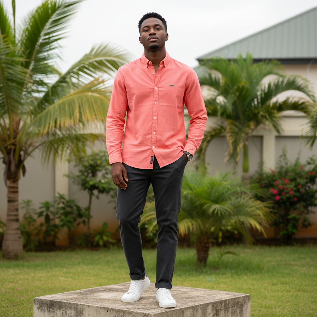 Nigerian male model wearing men's salmon pink long-sleeve button-down casual shirt, garden setting