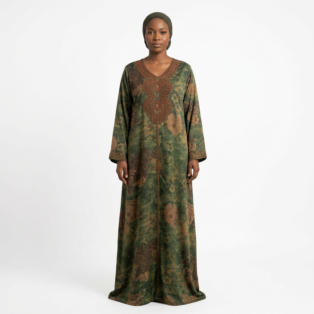 Nigerian female model wearing an olive floral ornate-neckline abaya