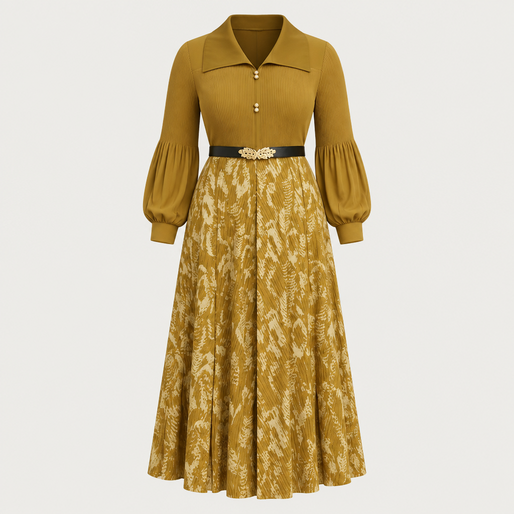 Ghost mannequin view of a mustard botanical midi gown with puff sleeves and a belted waist