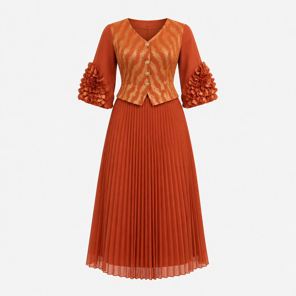 Ghost mannequin view of a rust-orange pleated gown with a patterned bodice and floral cuff accents